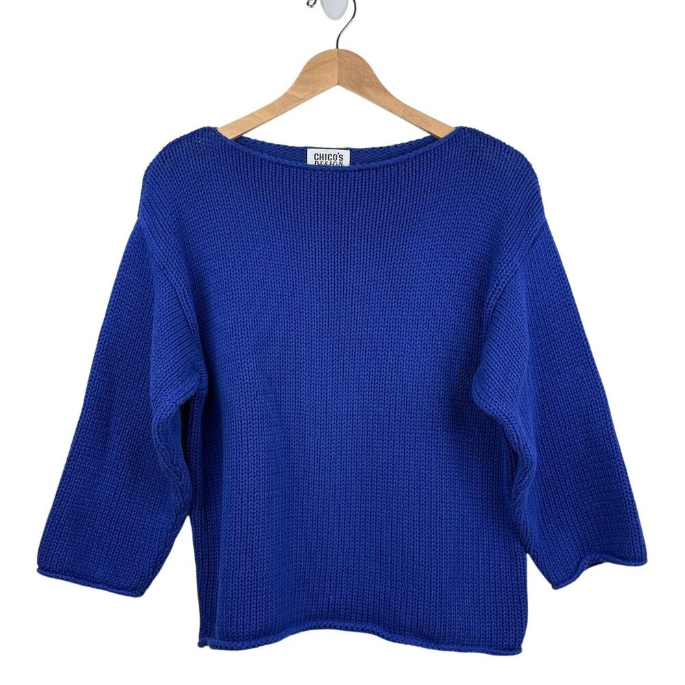 Vintage Chico's Design Boxy Cotton Knit Pullover Sweater Women's Violet Blue 90s